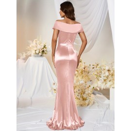 1pc MUXXN Elegant Satin Mermaid Gown for Women - Off the Shoulder Cap Sleeve Bodycon Floor-Length Dress, Solid Color Knit Fabric, All-Season Bodycon for Wedding Bridesmaid 1pc MUXXN Elegant Satin Mermaid Gown for Women - Off the Shoulder Cap Sleeve Bodycon Floor-Length Dress, Solid Color Knit Fabric, All-Season Bodycon for Wedding Bridesmaid