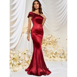 1pc MUXXN Elegant Satin Mermaid Gown for Women - Off the Shoulder Cap Sleeve Bodycon Floor-Length Dress, Solid Color Knit Fabric, All-Season Bodycon for Wedding Bridesmaid 1pc MUXXN Elegant Satin Mermaid Gown for Women - Off the Shoulder Cap Sleeve Bodycon Floor-Length Dress, Solid Color Knit Fabric, All-Season Bodycon for Wedding Bridesmaid