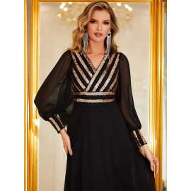 Elegant V-Neck Long Sleeve Dress with Sequin Detail - Polyester & Elastane Blend, Perfect for Parties & Banquets Elegant V-Neck Long Sleeve Dress with Sequin Detail - Polyester & Elastane Blend, Perfect for Parties & Banquets
