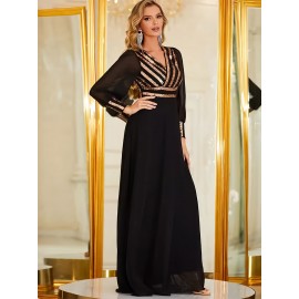 Elegant V-Neck Long Sleeve Dress with Sequin Detail - Polyester & Elastane Blend, Perfect for Parties & Banquets Elegant V-Neck Long Sleeve Dress with Sequin Detail - Polyester & Elastane Blend, Perfect for Parties & Banquets