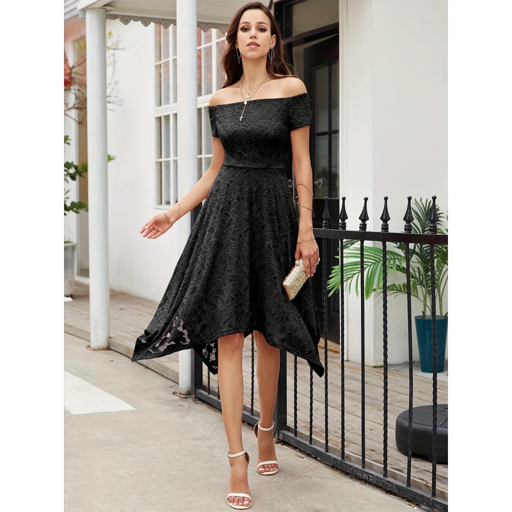 Women's Lace Cocktail Dress Hi-Lo Off Shoulder Bridesmaid Swing Formal Party Dress Women's Lace Cocktail Dress Hi-Lo Off Shoulder Bridesmaid Swing Formal Party Dress