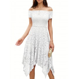 Women's Lace Cocktail Dress Hi-Lo Off Shoulder Bridesmaid Swing Formal Party Dress Women's Lace Cocktail Dress Hi-Lo Off Shoulder Bridesmaid Swing Formal Party Dress