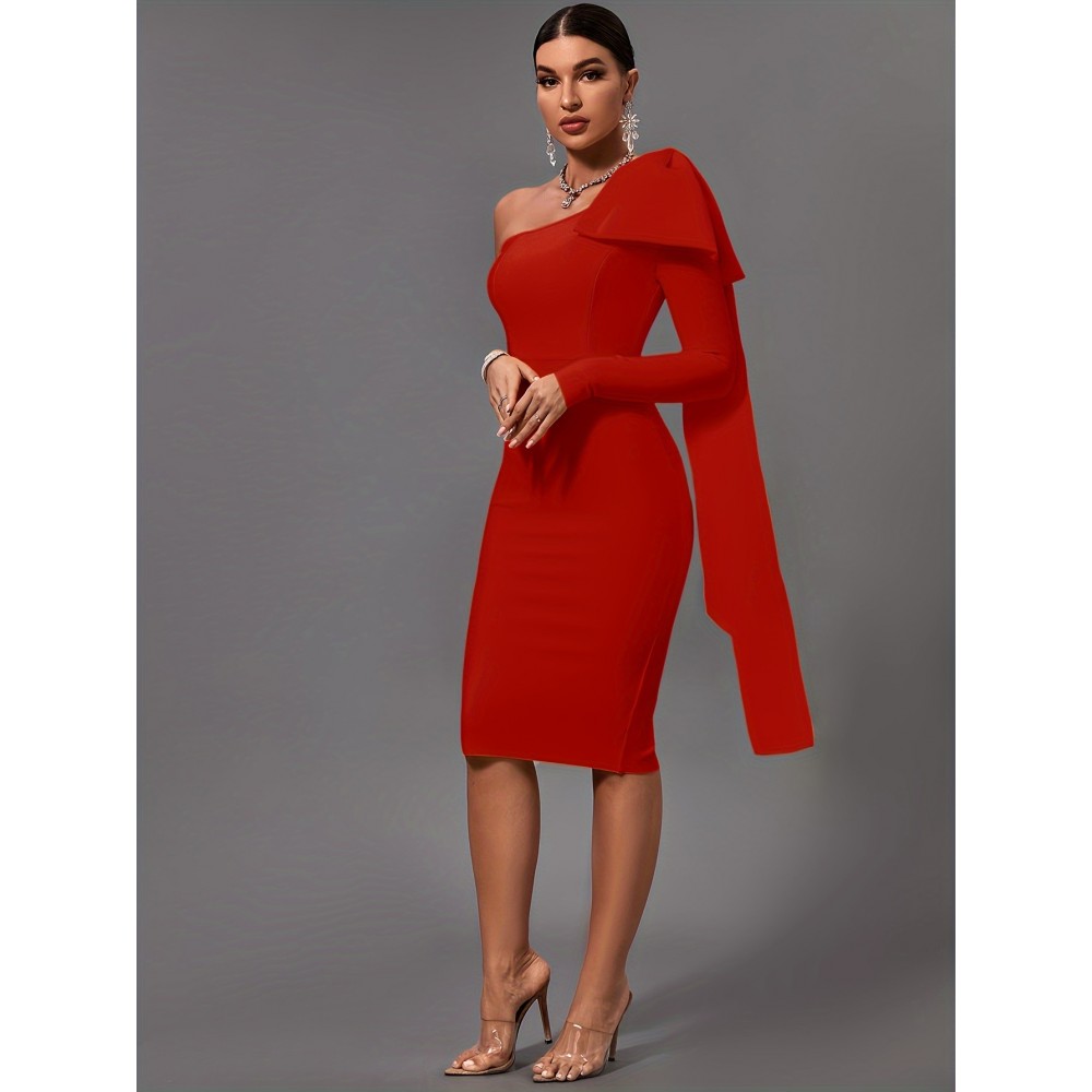 Women's Fashion Sexy Temperament Elegant Tight One Shoulder Long Sleeve Mid-Length Bandage Dress Party Cocktail Evening Dress Women's Fashion Sexy Temperament Elegant Tight One Shoulder Long Sleeve Mid-Length Bandage Dress Party Cocktail Evening Dress