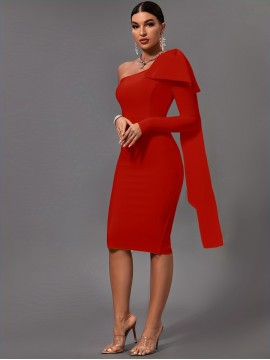 Women's Fashion Sexy Temperament Elegant Tight One Shoulder Long Sleeve Mid-Length Bandage Dress Party Cocktail Evening Dress