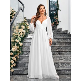 1pc Elegant White Chiffon V-Neck Fitted Wedding Dress for Mother - All-Season Solid Color Woven Gown, Perfect for Adult