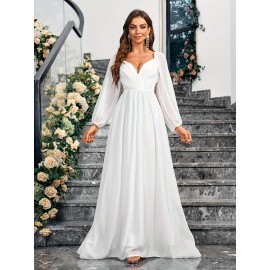 1pc Elegant White Chiffon V-Neck Fitted Wedding Dress for Mother - All-Season Solid Color Woven Gown, Perfect for Adult 1pc Elegant White Chiffon V-Neck Fitted Wedding Dress for Mother - All-Season Solid Color Woven Gown, Perfect for Adult