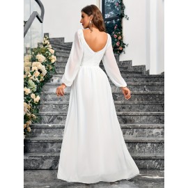 1pc Elegant White Chiffon V-Neck Fitted Wedding Dress for Mother - All-Season Solid Color Woven Gown, Perfect for Adult 1pc Elegant White Chiffon V-Neck Fitted Wedding Dress for Mother - All-Season Solid Color Woven Gown, Perfect for Adult