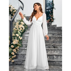 1pc Elegant White Chiffon V-Neck Fitted Wedding Dress for Mother - All-Season Solid Color Woven Gown, Perfect for Adult 1pc Elegant White Chiffon V-Neck Fitted Wedding Dress for Mother - All-Season Solid Color Woven Gown, Perfect for Adult