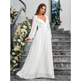 1pc Elegant White Chiffon V-Neck Fitted Wedding Dress for Mother - All-Season Solid Color Woven Gown, Perfect for Adult 1pc Elegant White Chiffon V-Neck Fitted Wedding Dress for Mother - All-Season Solid Color Woven Gown, Perfect for Adult