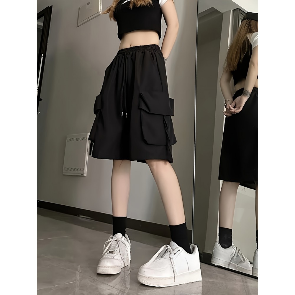 Stylish Flap Pocket Cargo Shorts - Elastic Waist, Drawstring, Casual, Comfortable, Breathable, Quick-Drying, Spring & Summer Essentials - Women's Clothing for Outdoor Activities Stylish Flap Pocket Cargo Shorts - Elastic Waist, Drawstring, Casual, Comfortable, Breathable, Quick-Drying, Spring & Summer Essentials - Women's Clothing for Outdoor Activities