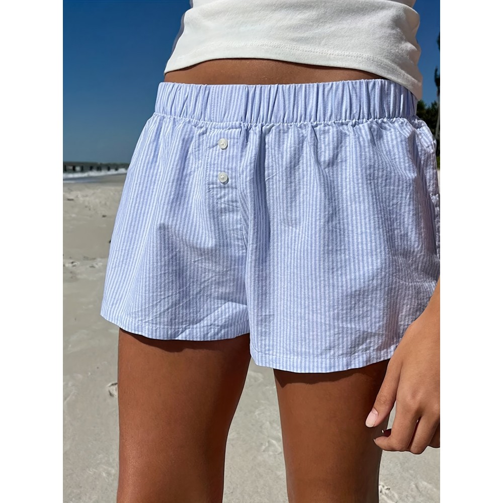 Striped Button Decor Shorts, Casual Beach Vacation Elastic Waist Shorts For Summer & Spring, Women's Clothing Striped Button Decor Shorts, Casual Beach Vacation Elastic Waist Shorts For Summer & Spring, Women's Clothing