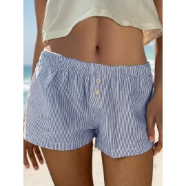 Striped Button Decor Shorts, Casual Beach Vacation Elastic Waist Shorts For Summer & Spring, Women's Clothing Striped Button Decor Shorts, Casual Beach Vacation Elastic Waist Shorts For Summer & Spring, Women's Clothing