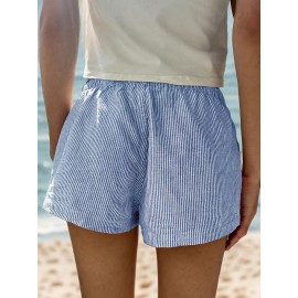 Striped Button Decor Shorts, Casual Beach Vacation Elastic Waist Shorts For Summer & Spring, Women's Clothing Striped Button Decor Shorts, Casual Beach Vacation Elastic Waist Shorts For Summer & Spring, Women's Clothing