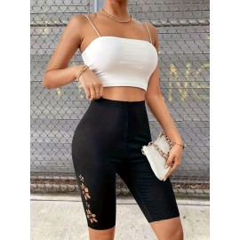 High Waist Skinny Stretchy Shorts, Floral Hollow Out Casual Solid Color Shorts For Spring & Summer, Women's Clothing High Waist Skinny Stretchy Shorts, Floral Hollow Out Casual Solid Color Shorts For Spring & Summer, Women's Clothing