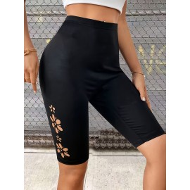 High Waist Skinny Stretchy Shorts, Floral Hollow Out Casual Solid Color Shorts For Spring & Summer, Women's Clothing High Waist Skinny Stretchy Shorts, Floral Hollow Out Casual Solid Color Shorts For Spring & Summer, Women's Clothing