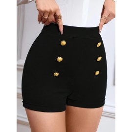Solid Color High Waist Knitting Shorts, Casual Button Front Skinny Shorts For Every Day, Women's Clothing Solid Color High Waist Knitting Shorts, Casual Button Front Skinny Shorts For Every Day, Women's Clothing