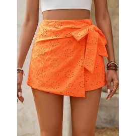 Womens Elegant High Waist Solid Color Eyelet Wrap Tie Skort - Lace Up, Micro Elastic Polyester Fabric, No Printing, Woven, Summer Vacation Style - Comfortable and Chic Short Skort for Women Womens Elegant High Waist Solid Color Eyelet Wrap Tie Skort - Lace Up, Micro Elastic Polyester Fabric, No Printing, Woven, Summer Vacation Style - Comfortable and Chic Short Skort for Women