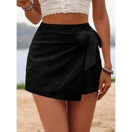 Womens Elegant High Waist Solid Color Eyelet Wrap Tie Skort - Lace Up, Micro Elastic Polyester Fabric, No Printing, Woven, Summer Vacation Style - Comfortable and Chic Short Skort for Women Womens Elegant High Waist Solid Color Eyelet Wrap Tie Skort - Lace Up, Micro Elastic Polyester Fabric, No Printing, Woven, Summer Vacation Style - Comfortable and Chic Short Skort for Women