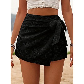 Womens Elegant High Waist Solid Color Eyelet Wrap Tie Skort - Lace Up, Micro Elastic Polyester Fabric, No Printing, Woven, Summer Vacation Style - Comfortable and Chic Short Skort for Women Womens Elegant High Waist Solid Color Eyelet Wrap Tie Skort - Lace Up, Micro Elastic Polyester Fabric, No Printing, Woven, Summer Vacation Style - Comfortable and Chic Short Skort for Women