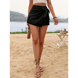 Womens Elegant High Waist Solid Color Eyelet Wrap Tie Skort - Lace Up, Micro Elastic Polyester Fabric, No Printing, Woven, Summer Vacation Style - Comfortable and Chic Short Skort for Women Womens Elegant High Waist Solid Color Eyelet Wrap Tie Skort - Lace Up, Micro Elastic Polyester Fabric, No Printing, Woven, Summer Vacation Style - Comfortable and Chic Short Skort for Women