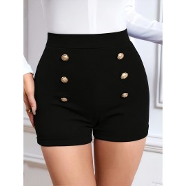 High Waist Womens Shorts - Fashionable Solid Color with Eye-Catching Buttons - Comfy Casual Style for Everyday Wear - A Trendy Closet Essential High Waist Womens Shorts - Fashionable Solid Color with Eye-Catching Buttons - Comfy Casual Style for Everyday Wear - A Trendy Closet Essential