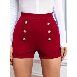 High Waist Womens Shorts - Fashionable Solid Color with Eye-Catching Buttons - Comfy Casual Style for Everyday Wear - A Trendy Closet Essential High Waist Womens Shorts - Fashionable Solid Color with Eye-Catching Buttons - Comfy Casual Style for Everyday Wear - A Trendy Closet Essential