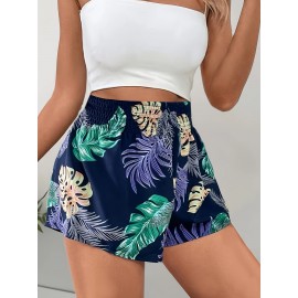 Stylish Women's Leaf Print Wide Leg Shorts - Casual Shirred Elastic High Waist Shorts for Spring & Summer Stylish Women's Leaf Print Wide Leg Shorts - Casual Shirred Elastic High Waist Shorts for Spring & Summer