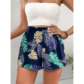 Stylish Women's Leaf Print Wide Leg Shorts - Casual Shirred Elastic High Waist Shorts for Spring & Summer Stylish Women's Leaf Print Wide Leg Shorts - Casual Shirred Elastic High Waist Shorts for Spring & Summer