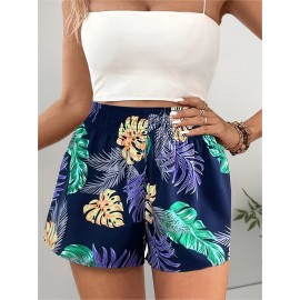 Stylish Women's Leaf Print Wide Leg Shorts - Casual Shirred Elastic High Waist Shorts for Spring & Summer Stylish Women's Leaf Print Wide Leg Shorts - Casual Shirred Elastic High Waist Shorts for Spring & Summer