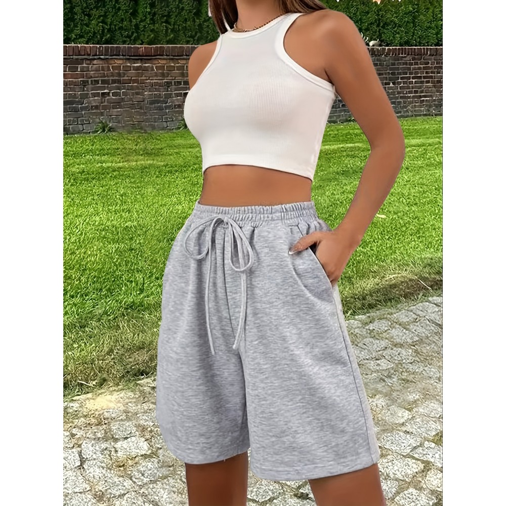 Stretchy Slant Pocket Drawstring Shorts - Ultra-Comfy Casual Elastic Waist Shorts with Micro Elasticity for Spring & Summer - Womens Polyester Solid Color Knit Fabric Shorts with Lace Up Closure and Machine Washable Design Stretchy Slant Pocket Drawstring Shorts - Ultra-Comfy Casual Elastic Waist Shorts with Micro Elasticity for Spring & Summer - Womens Polyester Solid Color Knit Fabric Shorts with Lace Up Closure and Machine Washable Design