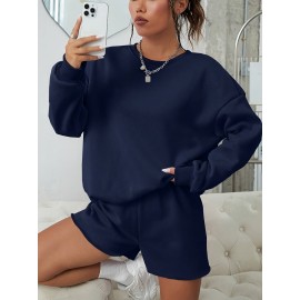 Casual Solid Color Shorts Set, Crew Neck Pullover Sweatshirt & Loose Comfy Shorts For Spring & Fall, Women's Clothing