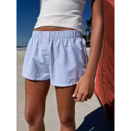 Stripe Print Elastic Waist Shorts, Casual Button Decor Shorts For Summer & Spring, Women's Clothing Stripe Print Elastic Waist Shorts, Casual Button Decor Shorts For Summer & Spring, Women's Clothing