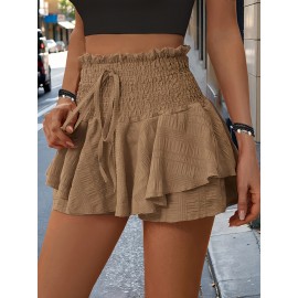 Elegant High-Waisted Solid Color Polyester Shorts with Smocked Waist and Ruffle Detail - All Season Woven Fabric - Women's Casual Chic Bottoms Elegant High-Waisted Solid Color Polyester Shorts with Smocked Waist and Ruffle Detail - All Season Woven Fabric - Women's Casual Chic Bottoms