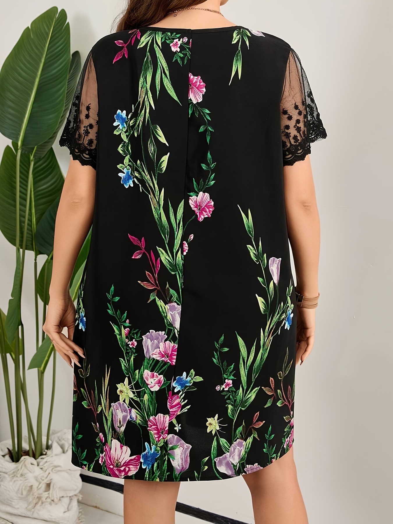 plus size floral print mesh stitching loose dress casual short sleeve dress for spring summer womens plus size clothing details 0