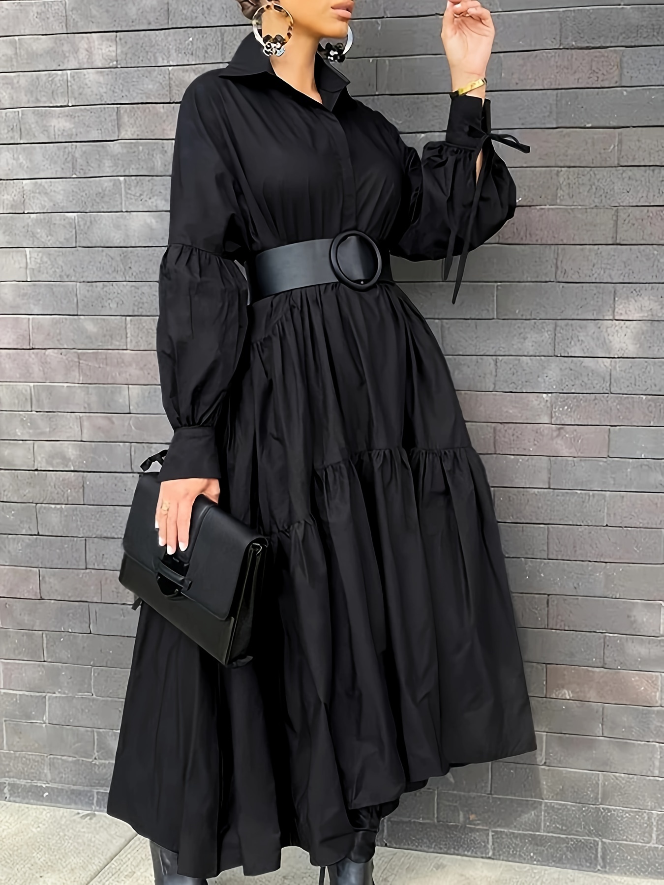 plus size solid color collared dress casual ruffle hem long sleeve maxi dress for spring fall womens plus size clothing details 3