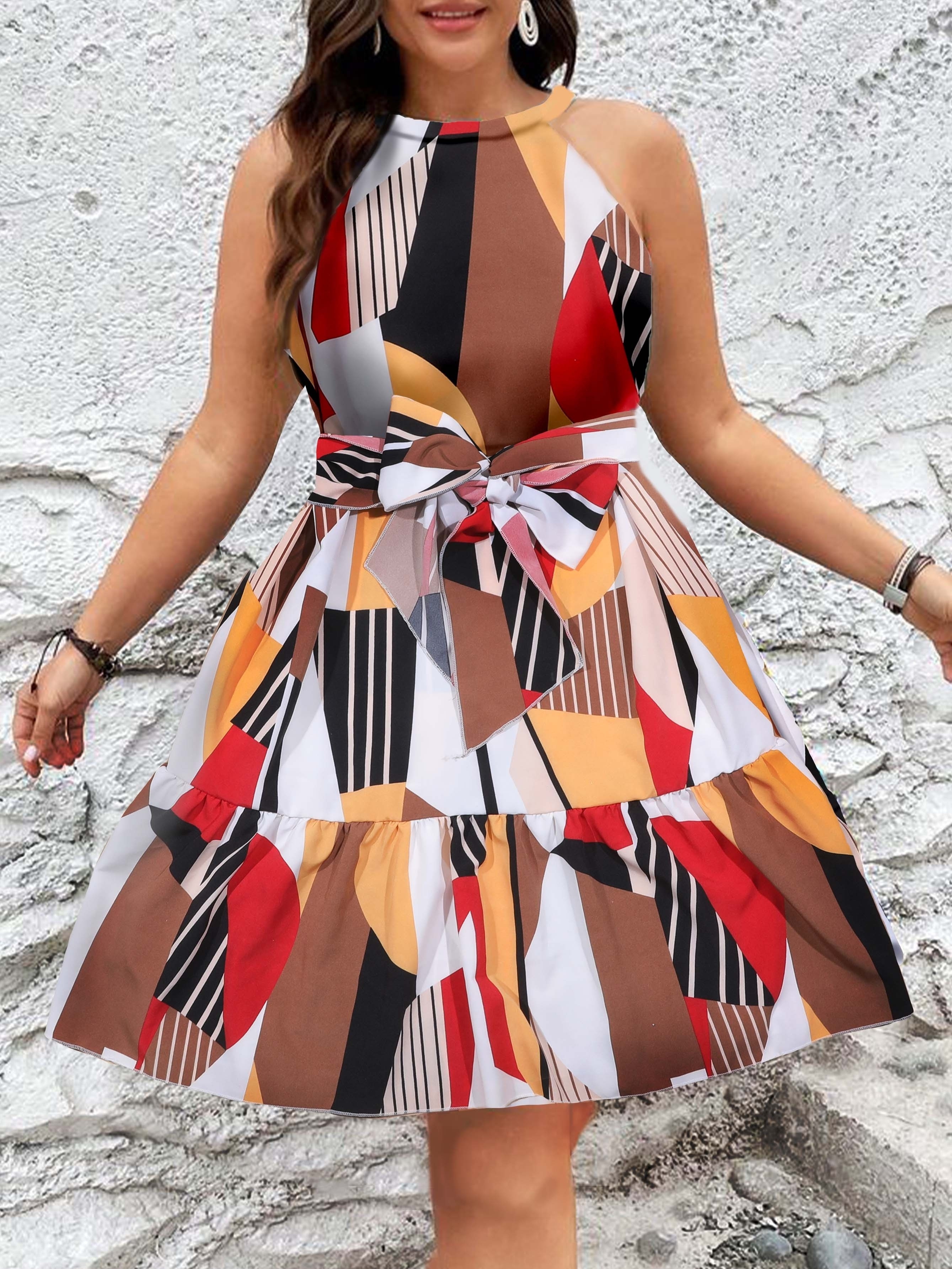 plus size geo print halter neck dress elegant sleeveless belted dress for spring summer womens plus size clothing details 1