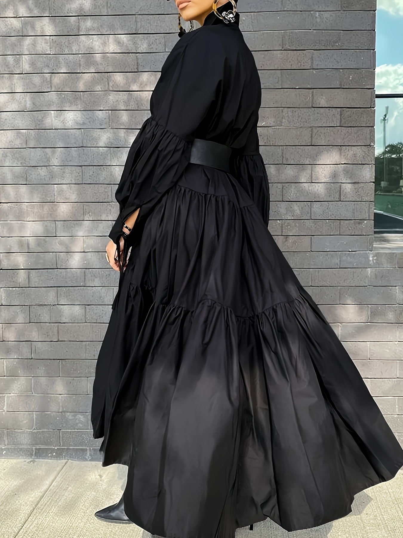 plus size solid lapel neck dress casual long sleeve ruffle hem tiered shirt dress for spring fall womens plus size clothing details 2