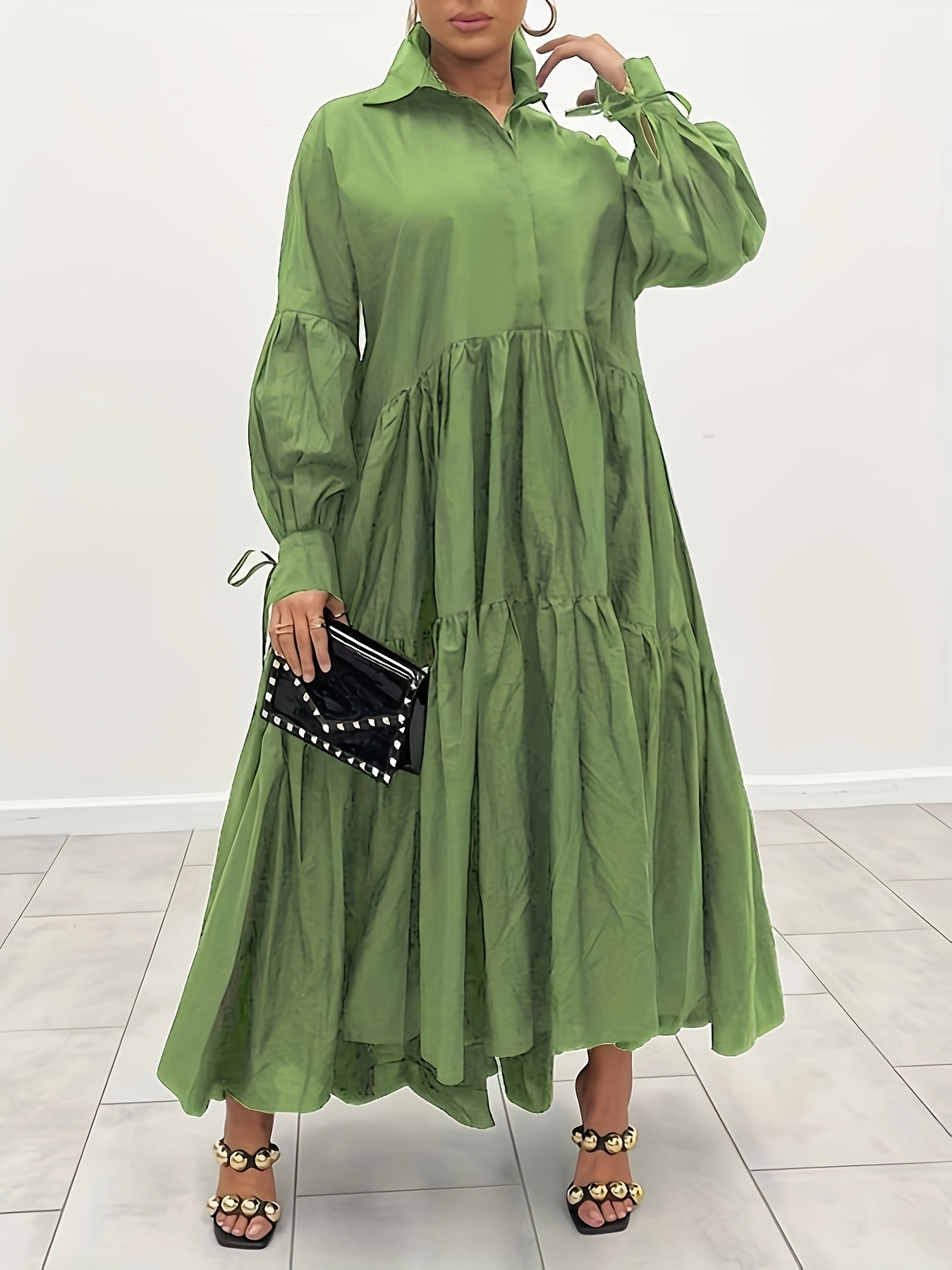 plus size solid color collared dress casual ruffle hem long sleeve maxi dress for spring fall womens plus size clothing details 1