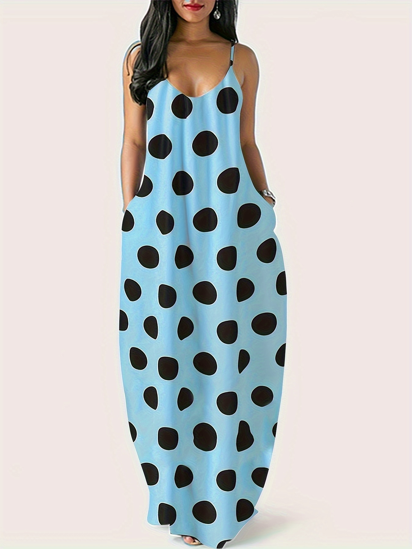 plus size polka dots print tank dress elegant sleeveless slant pockets strap dress for spring summer womens plus size clothing details 3