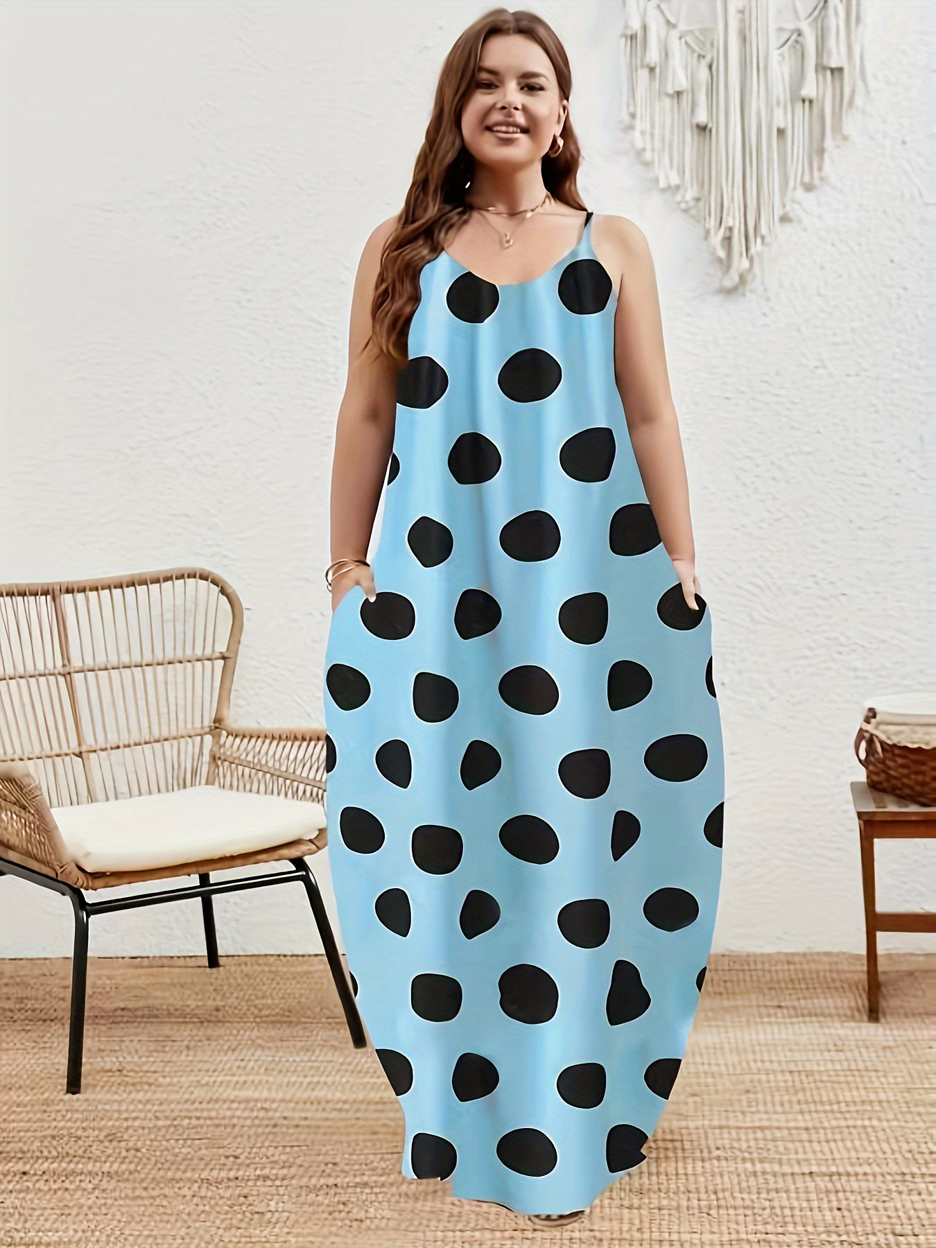 plus size polka dots print tank dress elegant sleeveless slant pockets strap dress for spring summer womens plus size clothing details 4