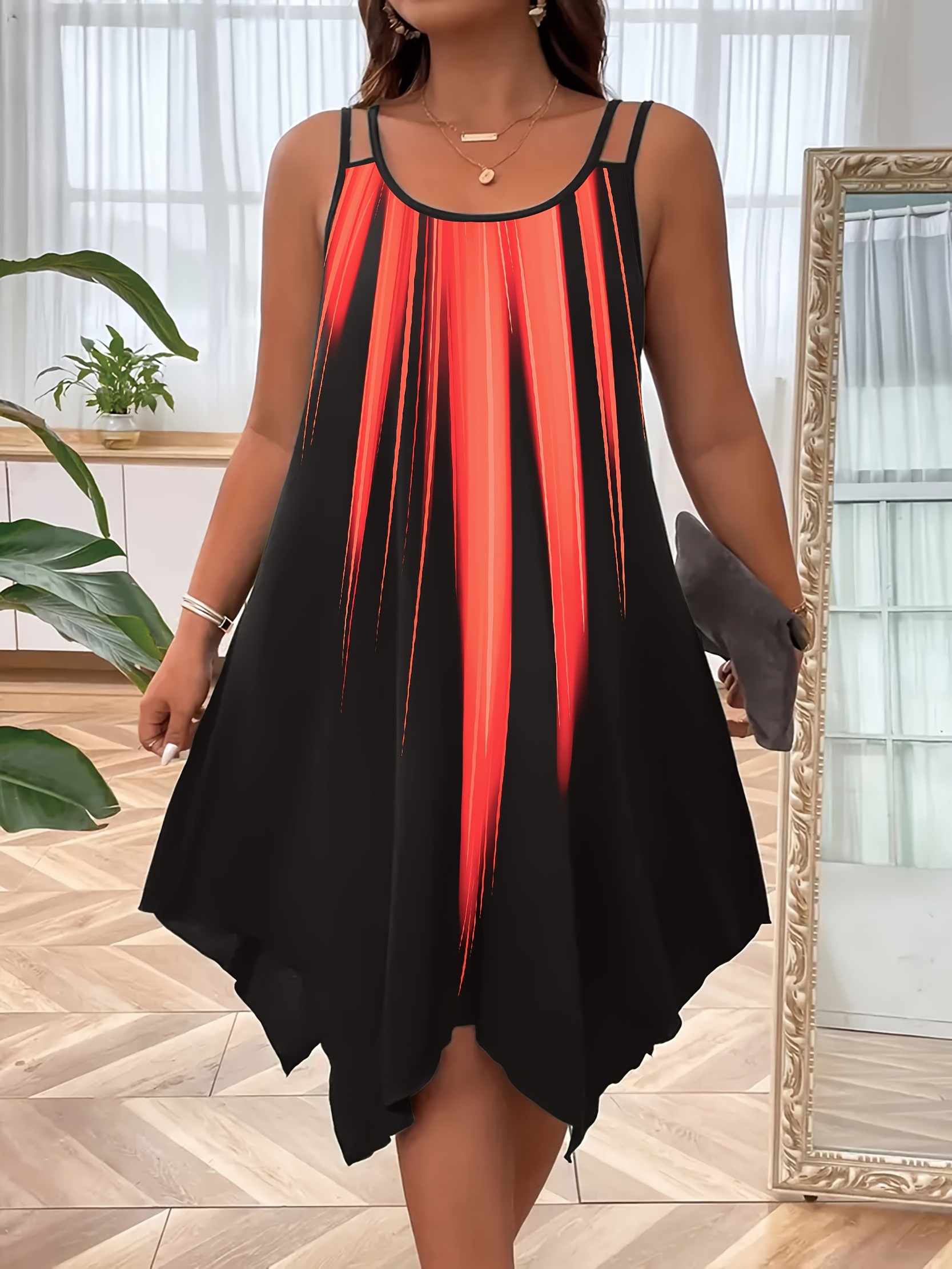 plus size ombre print cami dress vacation style asymmetrical hem sleeveless crew neck dual strap dress for spring summer womens plus size clothing details 3