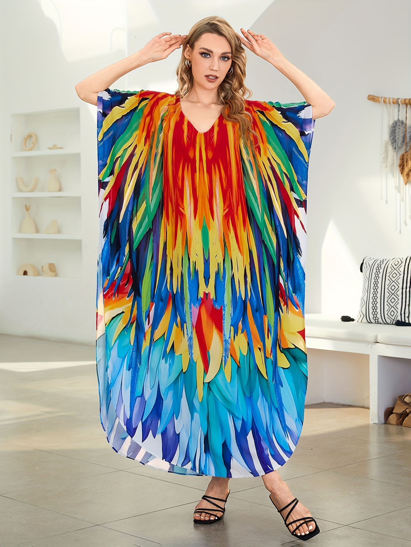 plus size allover print loose kaftan dress casual v neck batwing sleeve coverup maxi dress womens plus size clothing details 5