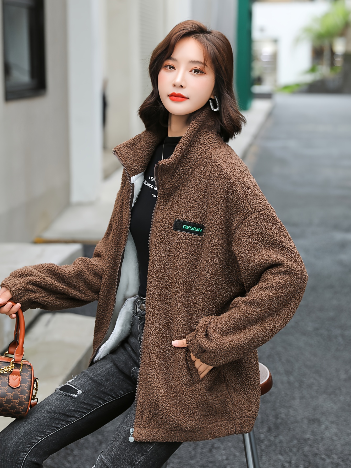 1pc cozy plus size womens casual sherpa jacket solid color polyester knit fabric with   stretch stand collar long sleeve zip   for   details 6