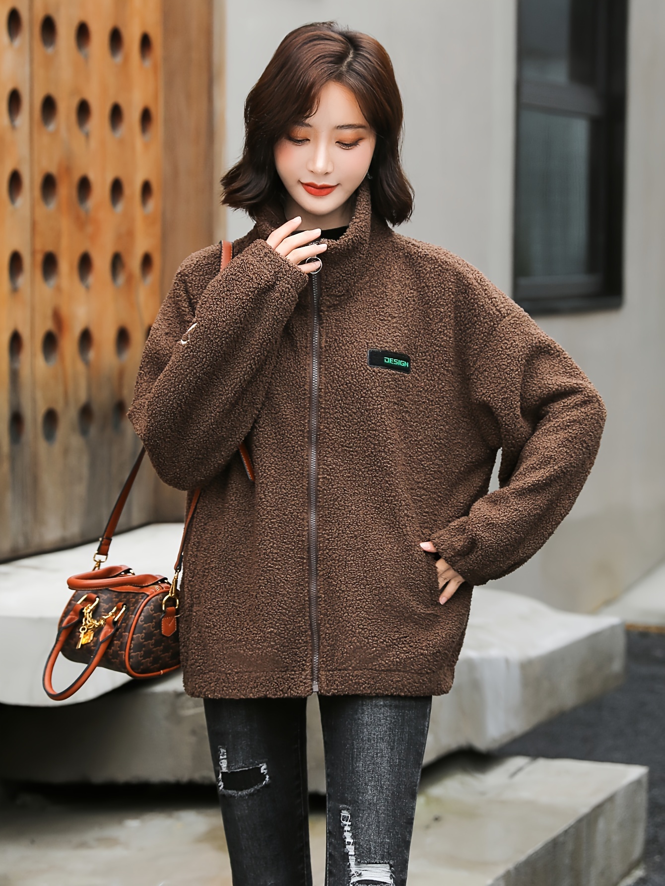 1pc cozy plus size womens casual sherpa jacket solid color polyester knit fabric with   stretch stand collar long sleeve zip   for   details 7