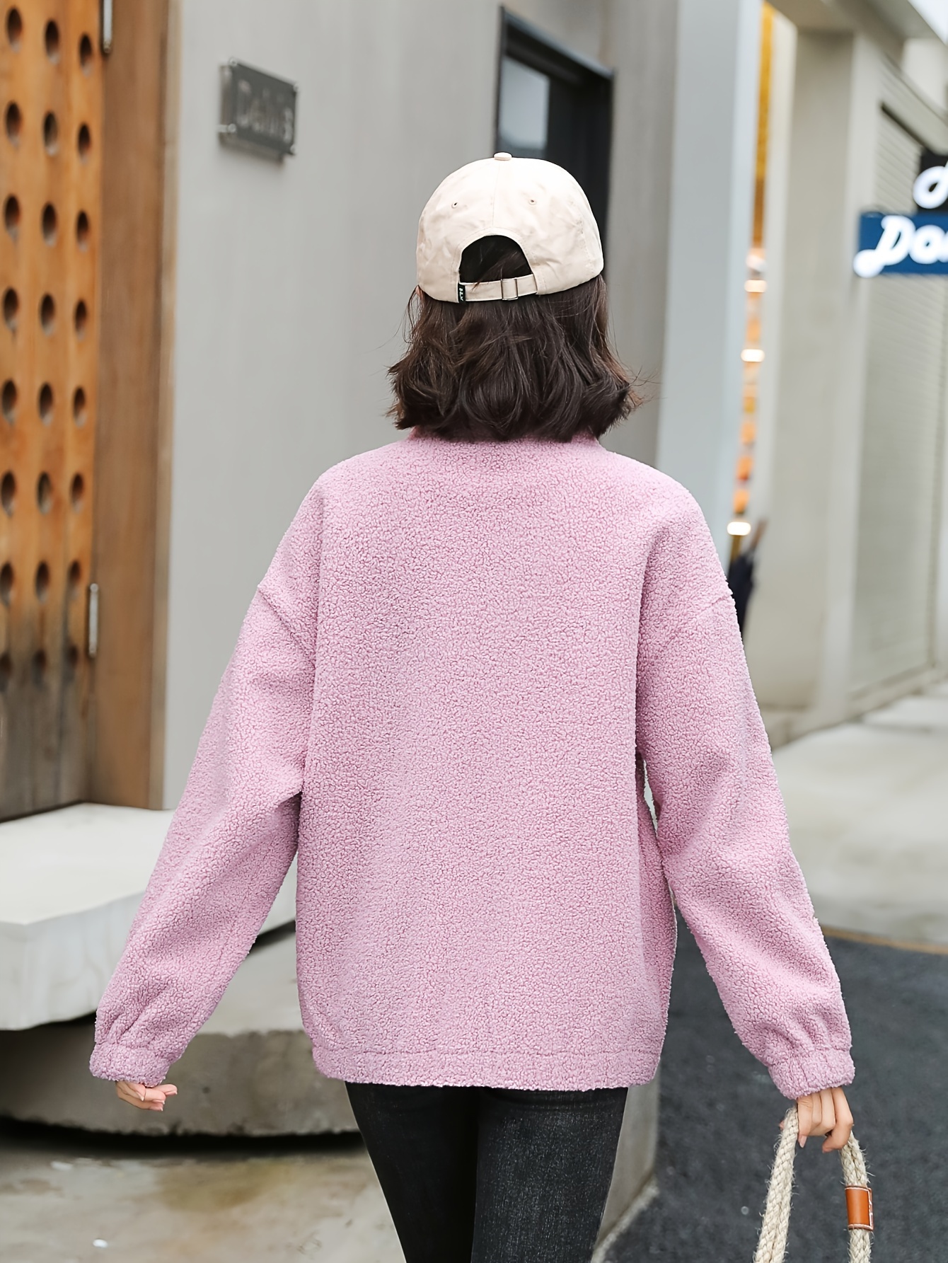 1pc cozy plus size womens casual sherpa jacket solid color polyester knit fabric with   stretch stand collar long sleeve zip   for   details 22